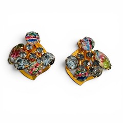 Vintage Iris Glass Clip Earrings Gold Tone Smoky Gray Rhinestone Cluster 1950s