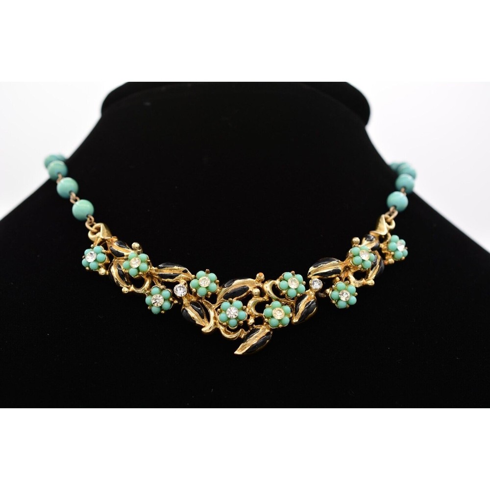 Vintage Floral Aqua Turquoise Beaded Collar Choker Necklace Gold Tone 60s Bin3D