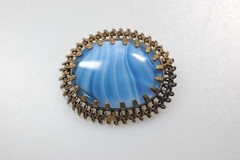 Vintage Filigree Bright Blue Slag Art Glass Brooch Pin oval bezel ML11
