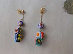 Vtg Millefiori Dangle Pierced Post Drop Earrings Colorful Red & Blue Art Glass