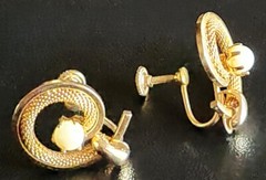 Vintage Textured Golden Flower Brooch Pin & Earrings with Pearls & Rhinestones