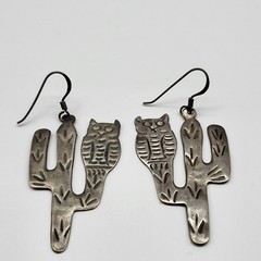Beautiful Sterling Silver Earrings Southwest Artisan Signed Owl Cactus