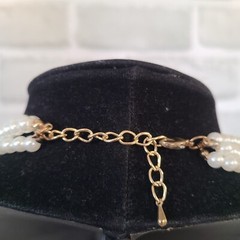 Vtg NY Company Faux Pearl Gold Tone Chain Collar Necklace Weave Triple Strand