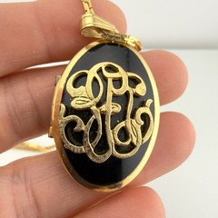 Vintage Gold Tone Black Oval Monogram Locket Necklace
