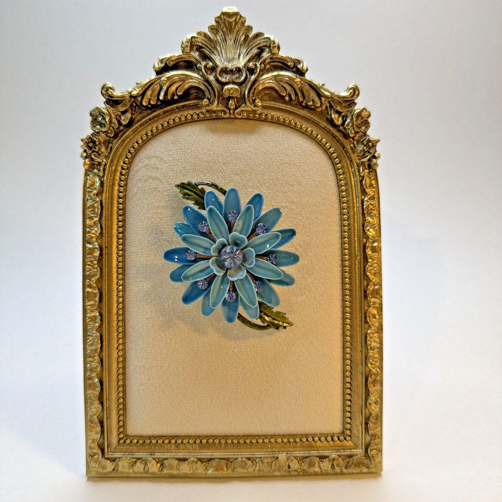 Vintage 1960s Blue Enamel Flower Brooch Rhinestone Mod Flower Power Pin – AS IS