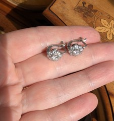 Vintage French 18K Whit Gold Diamond Flower Earrings