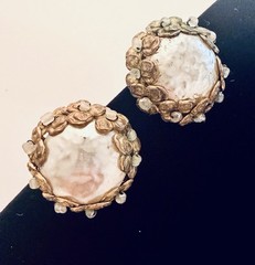 Vintage Miriam Haskell Brass Filigree Faux Pearl Clip On Earrings Mid Century
