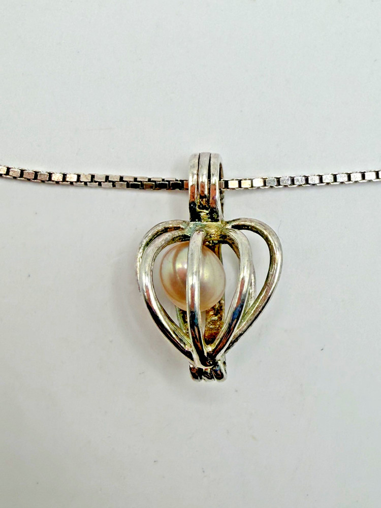 STERLING SILVER 925 ITALY BOX CHAIN NECKLACE HEART CAGE PEARL PENDANT WOMEN
