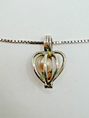STERLING SILVER 925 ITALY BOX CHAIN NECKLACE HEART CAGE PEARL PENDANT WOMEN