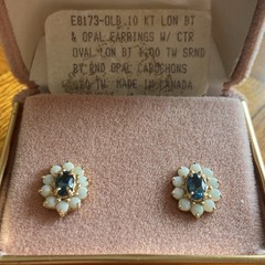 10k Gold London Blue Topaz Earrings with Opal Surround Vintage with Box & Paper