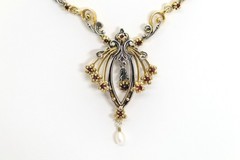 Vintage Tracht Floral 835 Silver Collier Garnet Pearl Gold-Plated, L: 40cm