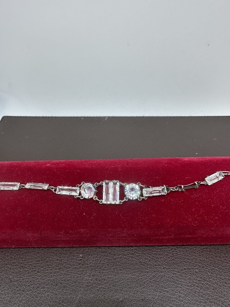 Vintage Art Deco Sterling Silver 925 Crystal Glass Bracelet Missing One Stone!!