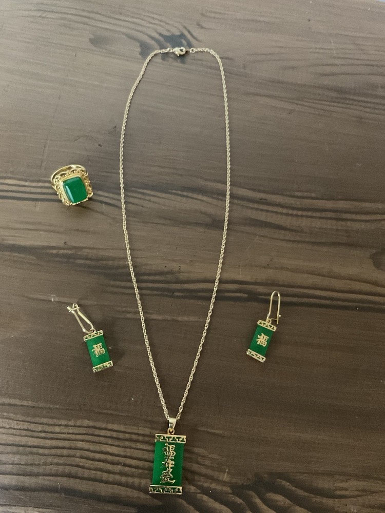 Vintage Chinese Jade Pendant+Earrings+Ring Set JC Stamped Jewelry