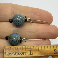 Vtg Boho Blue Speckled Pottery Bead Drop Hoop Wire Dangle Earrings