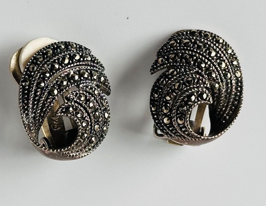Vtg Marcasite Earrings Sterling Silver 925 Art Deco Clip On 1” Swirl Twist