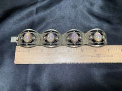 Vintage Taxco Mexico Sterling Silver Faux Fire Opal Link Panel Patina Bracelet