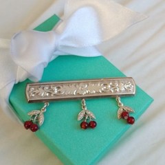 Art Deco Art Nouveau Sterling Silver 925 Red Cherries Scroll Bar Pin Brooch