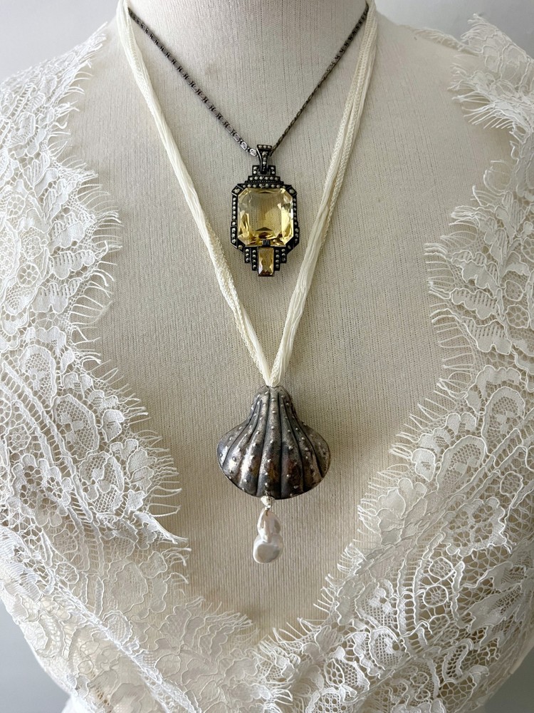 Vintage Fine Sterling Seashell Pendant Baroque Pearl Silk Cord Sea Goth Necklace
