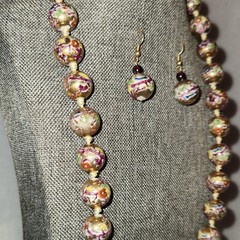 Vintage Chinese Cloisonné Bead Necklace – Pink & Blue Floral on Gold – 26″ L
