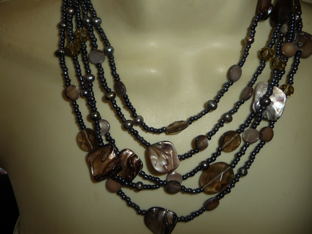 LIA SOPHIA 5 STRANDS GRAY SEED BEADS w CRYSTALS & ABALONE NECKLACE #23/18A