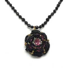 Vintage Jet Black Faceted Glass Strand Pink Clear Rhinestone Pendant Necklace