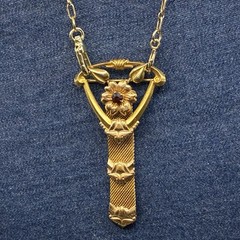 Vintage 12k Gold Filled Pocket Watch Chain Mesh Necklace FOB, Dog Clip, Red Gem