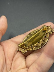 Damascene Brooch Black Gold Tone Vintage Trombone Clasp Filigree Bird Floral 2”L