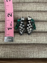 Vintage Weiss Earrings Clip On Rhinestone Green Clear Black Enamel Glamorous