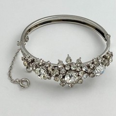 Vintage 1950’s Hinged Cuff Silver Tone Clear Rhinestones Floral Bracelet medium