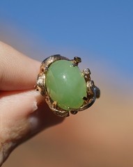Vintage 10k Solid Gold Natural Untreated Apple Green Jadeite Jade Diamond Ring