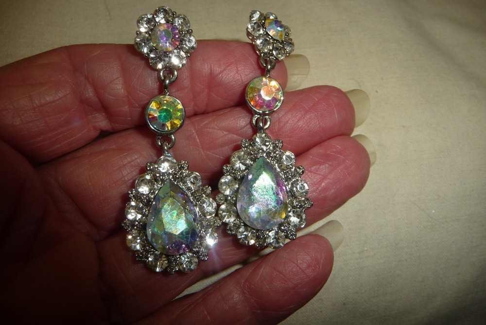 AB FACETED GLASS TEAR DROP W RHINESTONES DANGLE DROP #9/3A PIERCED EARRINGS