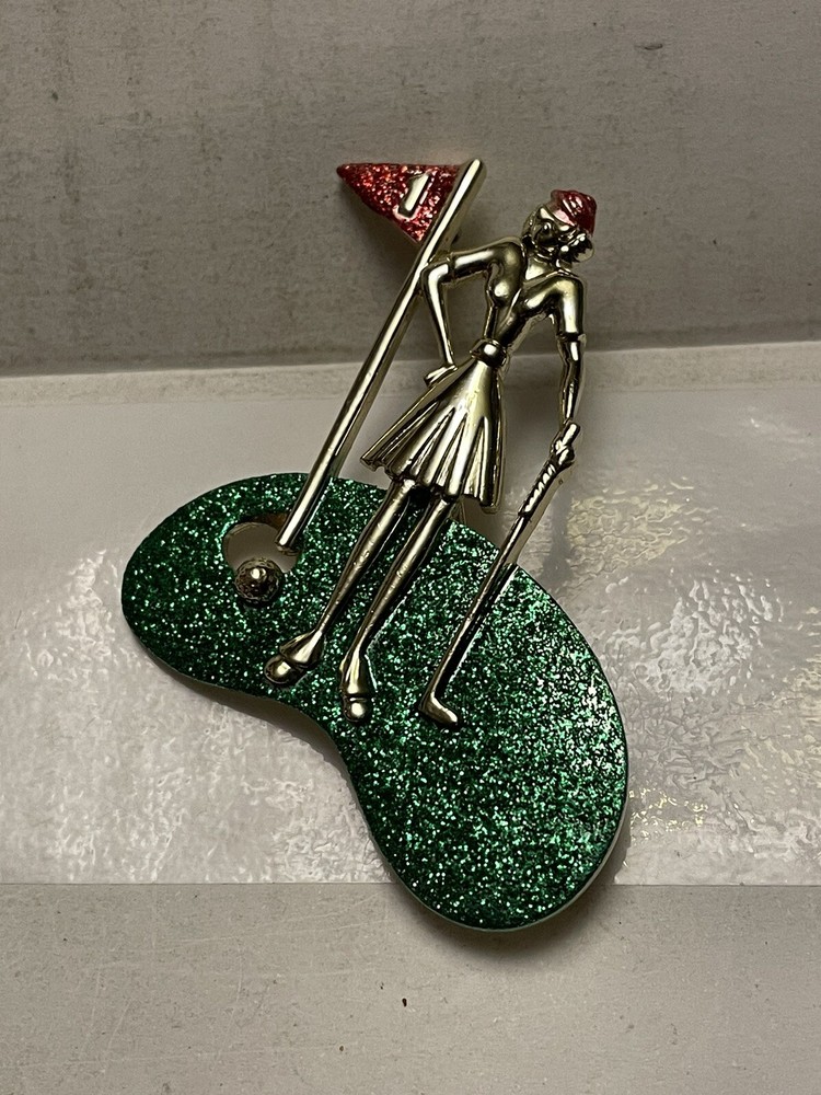 Vintage 1980s AJC Golfer Brooch – Women Golf Player Brooch – Playing Golf Brooch