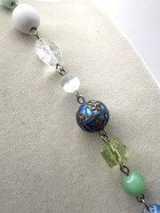 Green & Blue Cloisonne White And Sand Colored Beaded Necklace Silver Tone