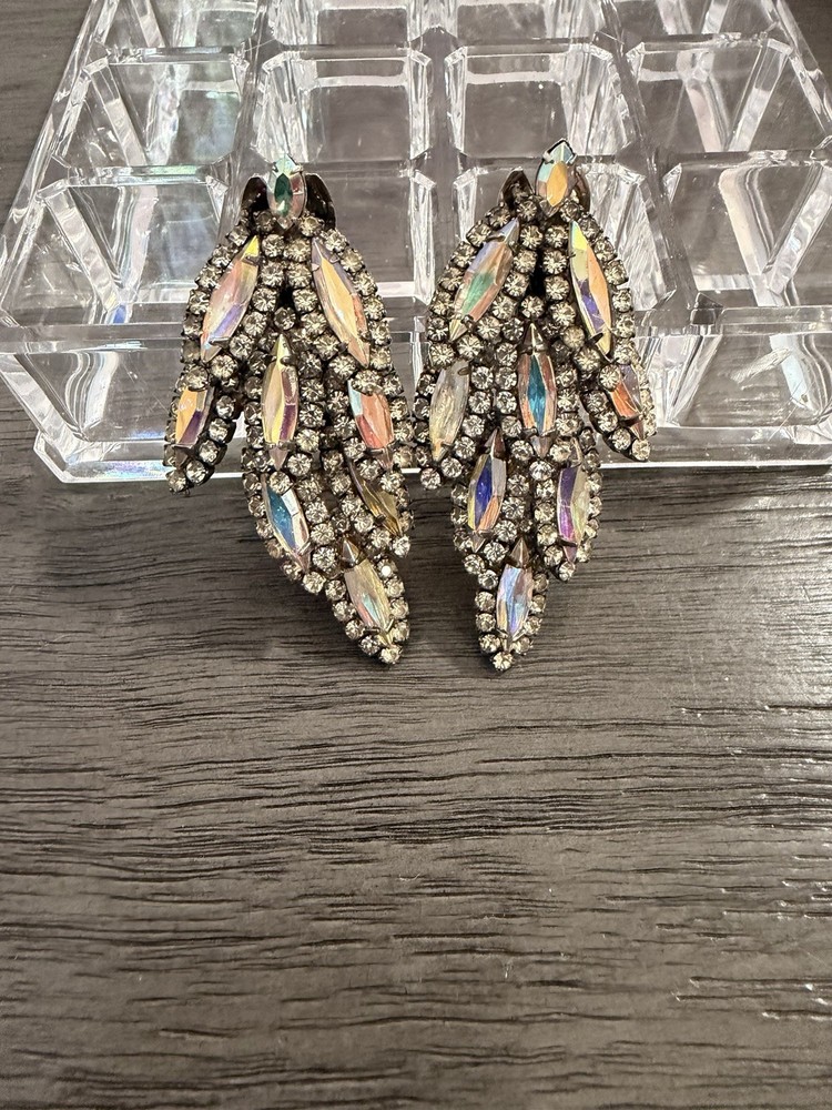 VINTAGE AB RHINESTONE DANGLE DROP EARRINGS BIG BOLD RUNWAY DESIGN