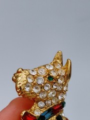 Vintage Scottie Terrier K.J.L I’m Clear Rhinestone Brooch Red Green Harness
