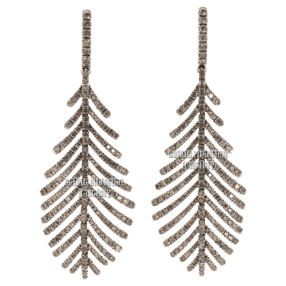 2.90Ctw Genuine Old Mine Rose Cut Diamond Silver Victorian Plume Earring Jewelry
