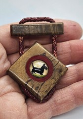 Vintage SCOTTIE Scotty Brooch pin Reverse Intaglio Bakelite Wood Braided Leather