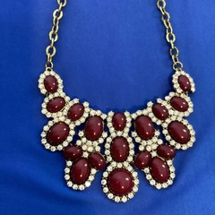 Vintage Burgundy Red Stone Diamonds Statement Necklace Costume Bling Glam Gold