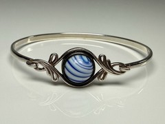 Sterling Silver Blue White Art Glass Bead Bangle Bracelet 6.5” 925