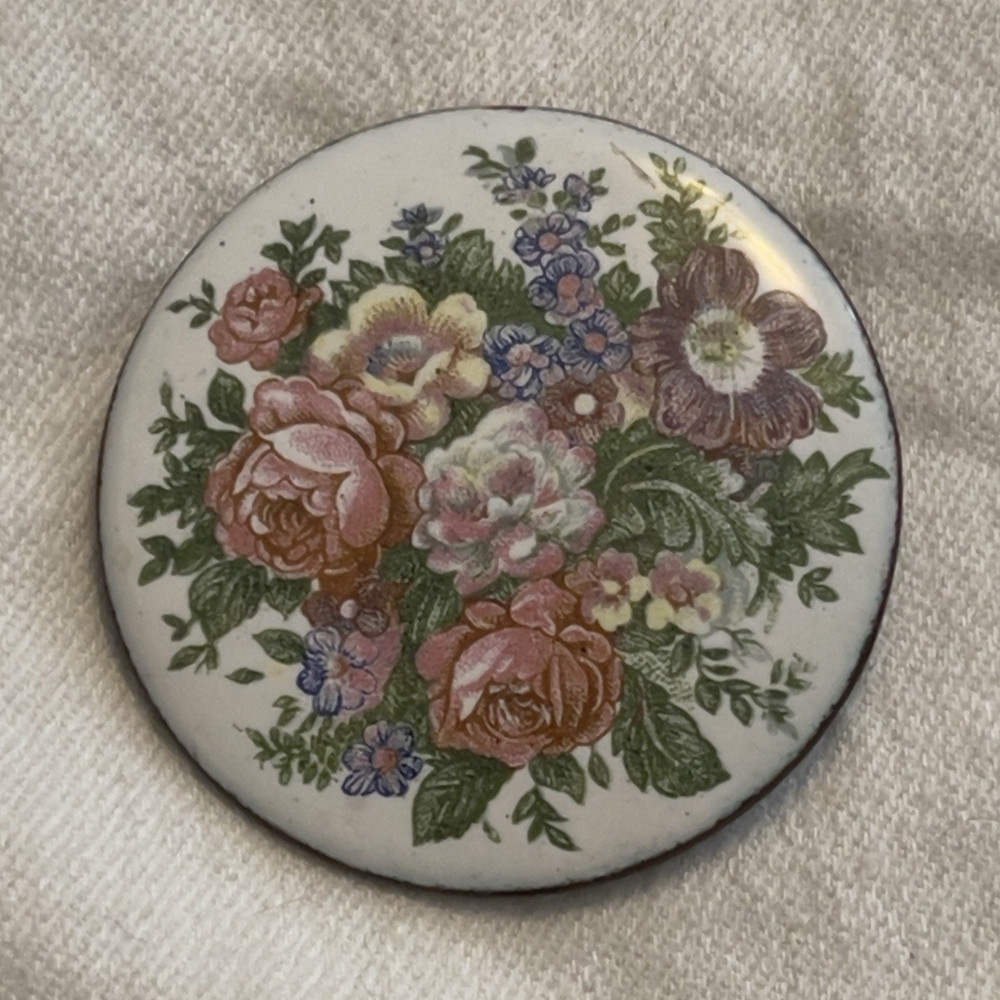 Round Floral Enamel Brooch Pin – Multicolor Flowers – vintage 2”