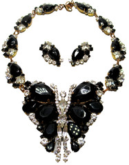 LILIEN CZECH Huge Black Glass Rhinestone Butterfly Necklace Earring Set