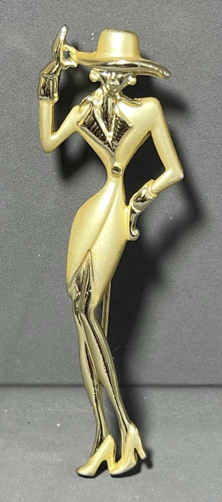 Vintage AJC Fashion Lady in Suit and Hat Brooch Gold Tone Pin 2 7/8 inch