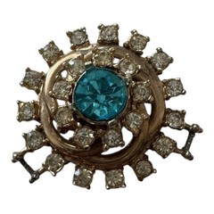 Rhinestone Brooch Round Shape Clear & Blue Stones Vintage Costume Jewelry