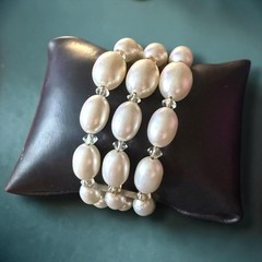 Faux Pearl Bracelet Memory Wire Crystal Multi Strand Wrap Cuff Vintage