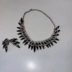 Black Navette Rhinestone Necklace Clip Earrings Set Unmarked “Juliana Style”