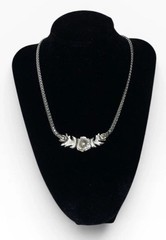 Vintage Silvertone Oak Leaf Rhinestone Necklace Gray Faux Pearl Collar Choker