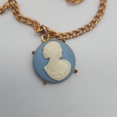 Vintage 40s Blue Cameo Necklace Gold Tone Chain Unique Collectors Piece