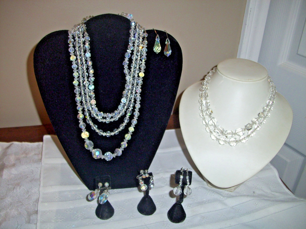 LOT Of 5 Vintage 40s/50s Clear Aurora Borealis Necklaces and Earrings