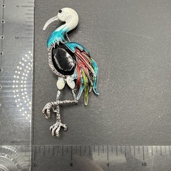 HUGE Heron Bird Brooch Pin Black Rhinestone Colorful Enamel J26