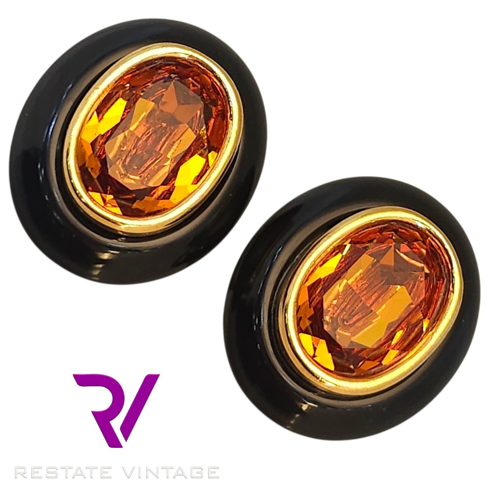 Brevete France Gauche Orange Stone Black Designer Classic Couture Clip Earring